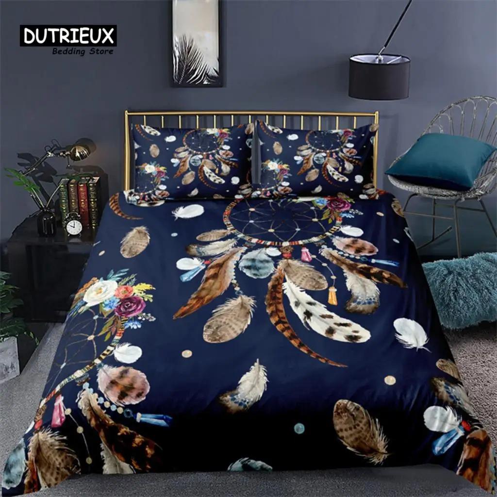 Böhmisches Bettbezug-Set, Traumfänger, geometrischer Federdruck, Bettwäsche-Set, King-Queen-Size-Zimmerdekor, Mikrofaser-Bettbezug