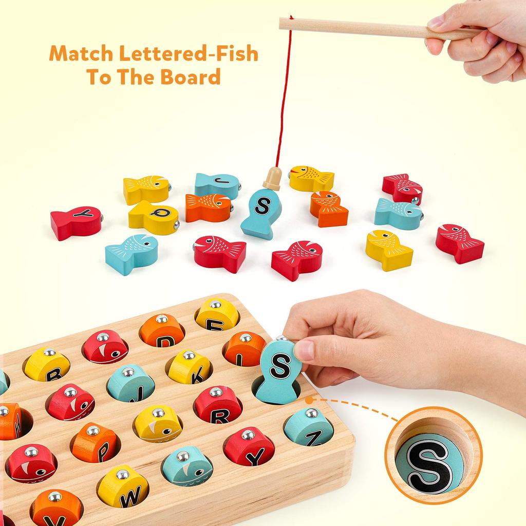 Wooden Magnetic Fishing Game, Fine Motor Skill Toy ABC Alphabet Color Sorting Puzzle, Montessori Letters Cognition Preschool Gift with 2 Pole