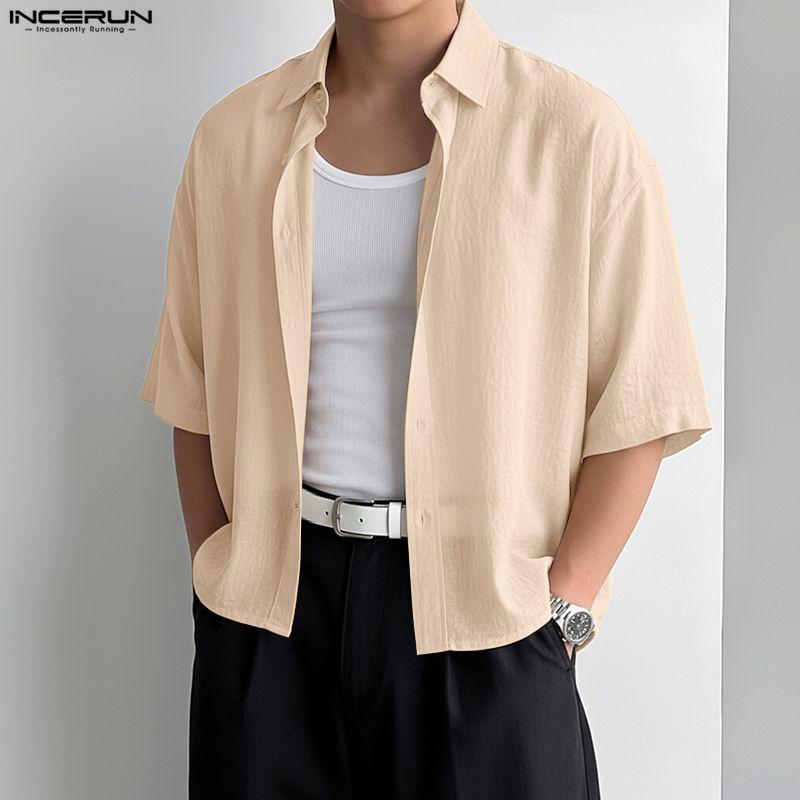 INCERUN Oversized Men Lapel Neck Short Sleeve Cropped Casual Loose Shirts