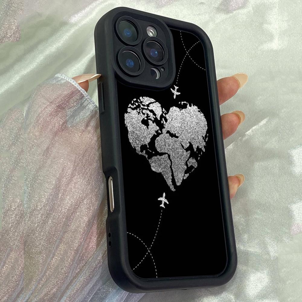 JT571 White & Black Heart World Map for iPhone 17 16 15 14 13 12 Pro Max Samsung S26 S25 Ultra A17 A07 A56 A16 A15 Xiaomi 15T Redmi 15c 14C Soft Case