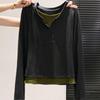 Großgröße Farbblock Langarm German Velvet Zweiteiler T-Shirt für Damen - Herbst Schlanke Passform und Warme Innenschicht.