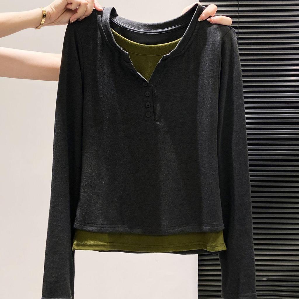Großgröße Farbblock Langarm German Velvet Zweiteiler T-Shirt für Damen - Herbst Schlanke Passform und Warme Innenschicht.