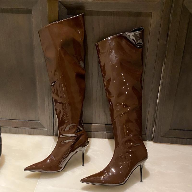 Fashion Eilyken Winter Patent Leather Thin High Heels Knee-High Boots Women Fashion Pointed Toe Wedding Party Pumps Shoes