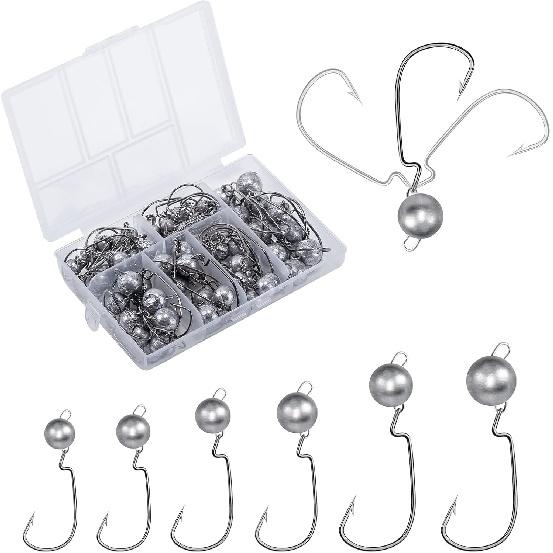 Jig Heads,72PCS Weighted Texas Rig Hooks,Weedless Swimbait Jig Heads for Bass Fishing,Football Jig Head Offset Fishing Hooks for Freshwater