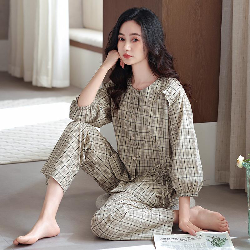 Woven cotton gauze pajamas women's summer pure cotton seven-quarter sleeves spring and summer cotton thin large-size summer loungewear set