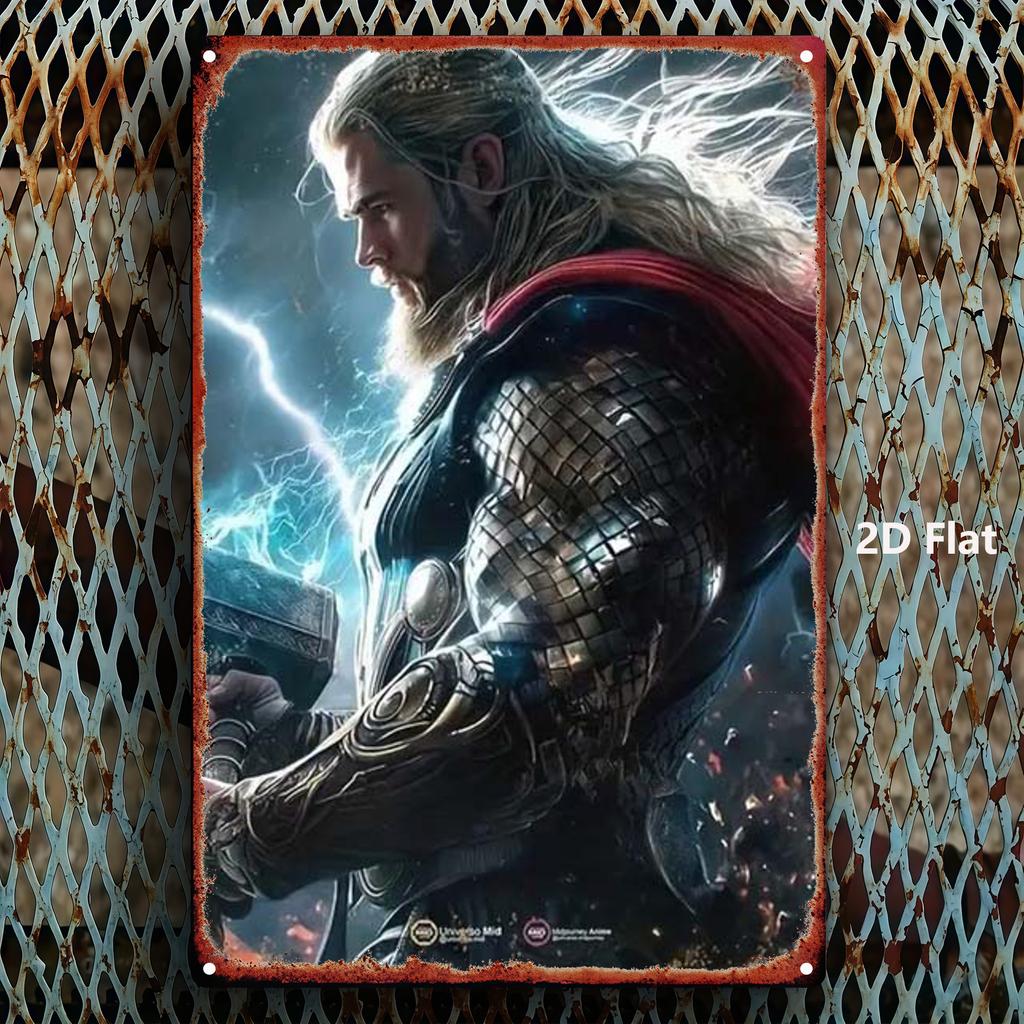 1pc MARVEL Thor Mjolnir Hammer Wall Art Decor - 20.32x30.48 Cm Iron Metal Superhero Plaque with Pre-Drilled Holes, Vibrant Storm