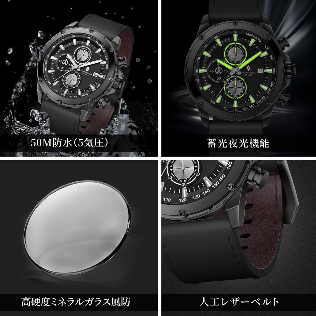 SAPPHERO Analog Quartz 50m Water Luminous Date Artificial Leather Mineral Suitable for Business and Outdoor Black Black Dial Men's Watch, Resistant,
