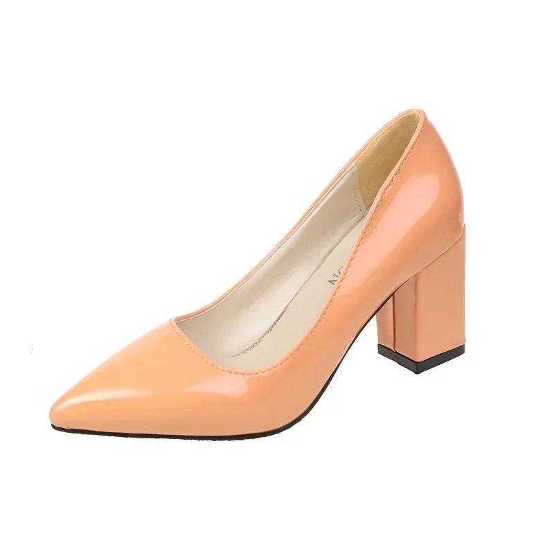Fashion Patent Leather PU Woman Pumps 10cm Square Heels Sexy Party Pointed Toe Luxury Women's Shoes Super Big Size 35-43