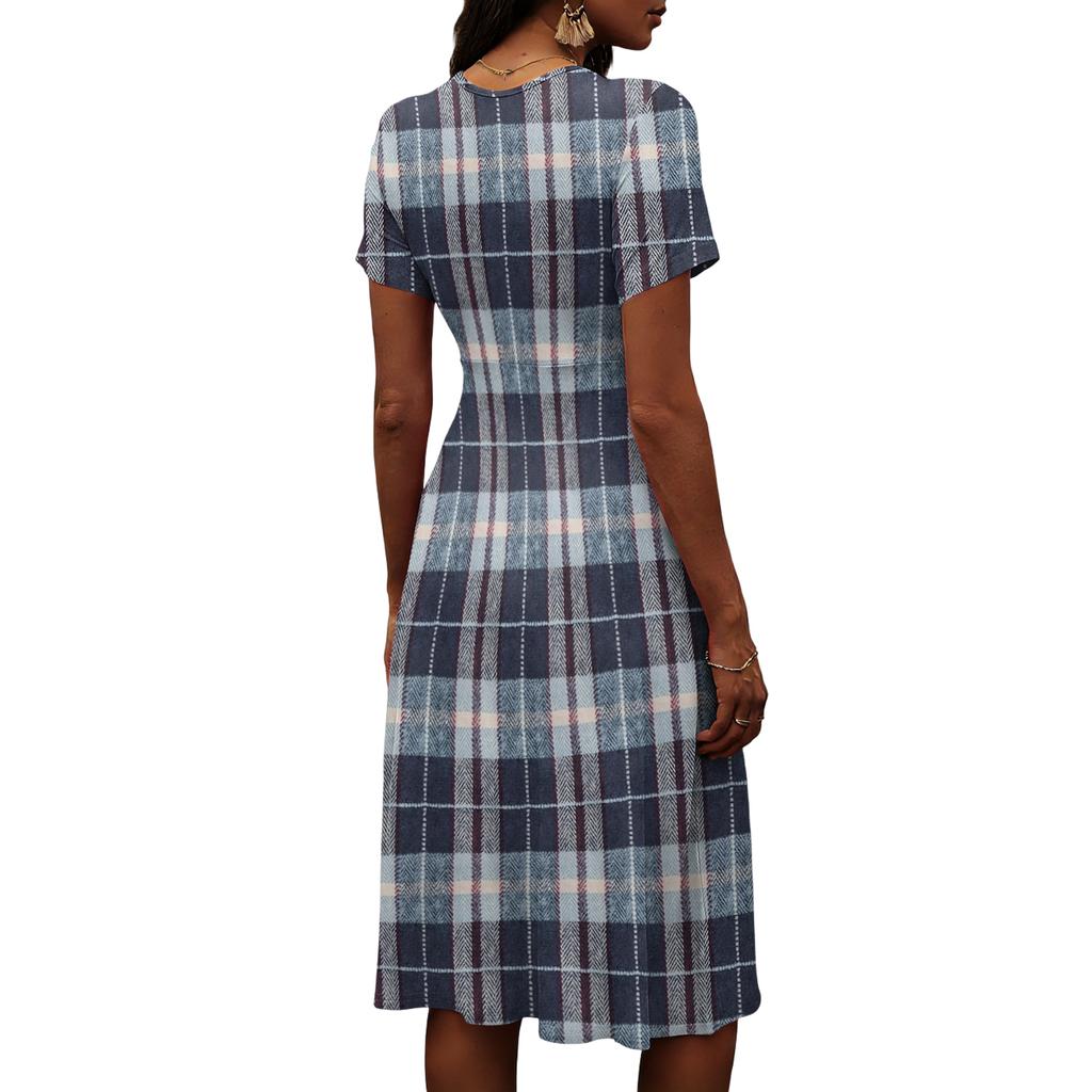 Ladies' Plaid Casual Fashionable Short Sleeved V-neck Dress
