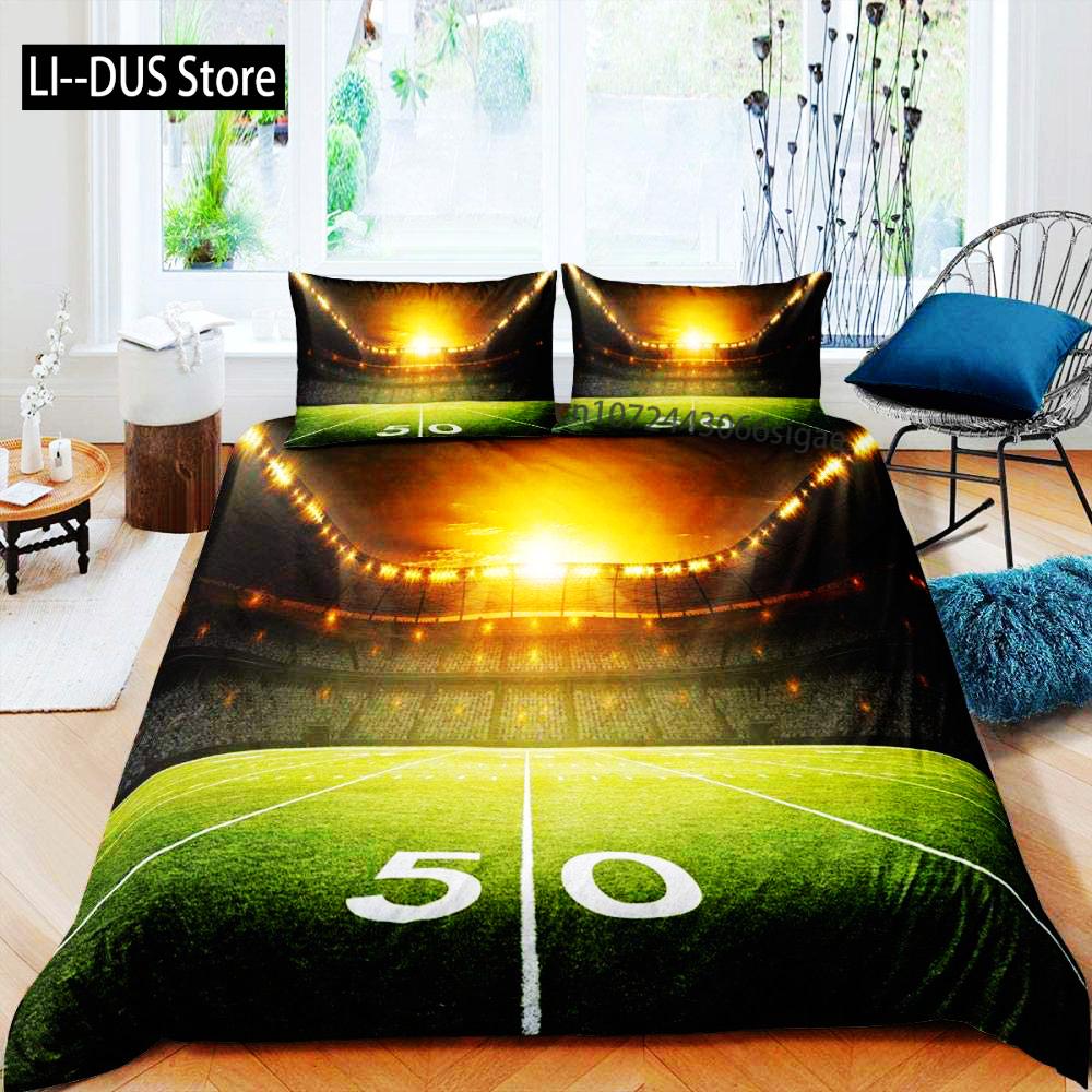 Green Football Field King Queen Duvet Cover Soccer Field Comforter Cover Boys Men Sport Games Bedding Set Polyester Quilt Cover