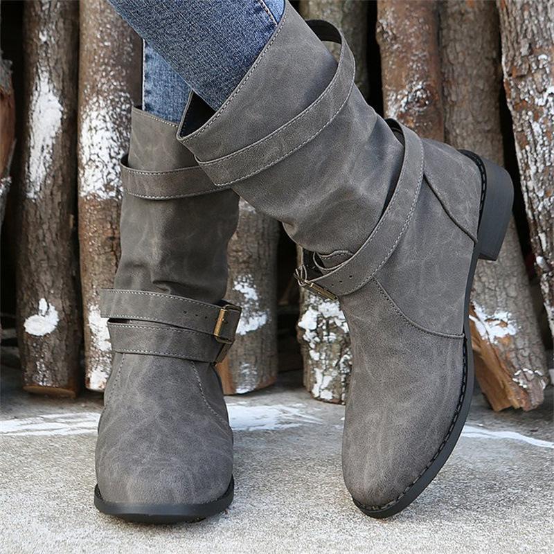 Medium boots, European and American short boots, retro Martin boots, belt buckle solid color low heel large size fashion boots