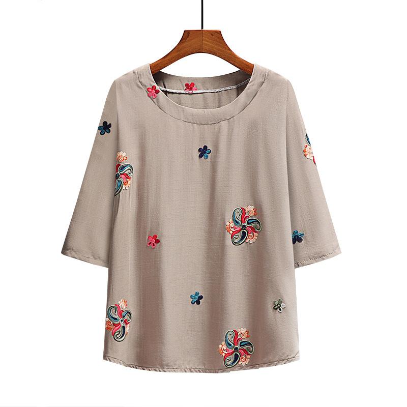 

Летняя женская футболка больших размеров с вышивкой в ​​этническом стиле для людей среднего и пожилого возраста с рукавами три четверти 2XL хаки