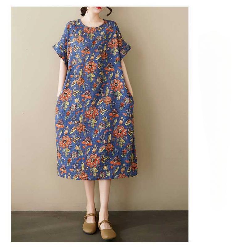 Sommer Dünnes Baumwoll- und Leinen Retro Midilanges Kleid mit Femininen Temperament