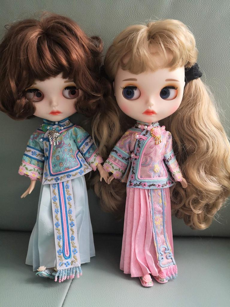 Dolly Para Blythe Costume OB24 Pink Chinese Dress Floral Embroidery Azone Obitsu Compatible