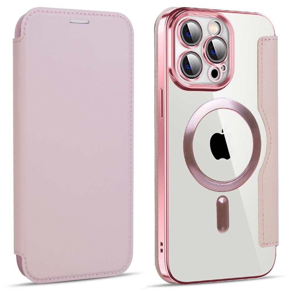 Phone Cover for iPhone 14 Pro Max,Compatible with MagSafe RFID Blocking Card Slots PU Leather+TPU Electroplating Clear Back Flip Case with Lens Film