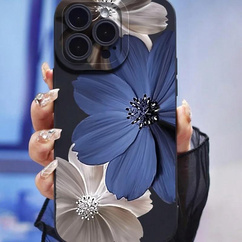

Blue Silver Floral Oil Painting Elegant Style Phone Case for iPhone 17 16 15 14 13 12 11 Series Pro Max Plus iphone 17 Air