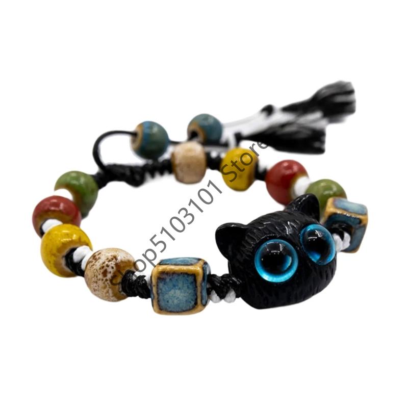 Big Eye Cat Bracelets for Women Men Sweet Cool Heart Ceramic Beaded Bracelet Adjustable Braided Rope Aesthetic Party Jewelry