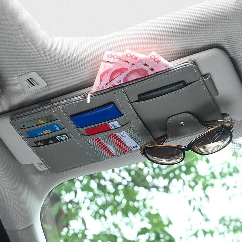Sunshade Storage Bag Pu Leather Multi-Pocket Net Zipper Car Sun Visor Organizer Sunglasses Holder For Car Interior Accessories