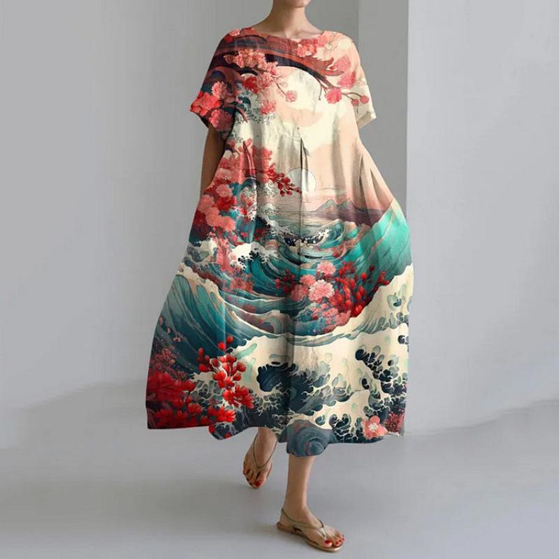 Damen Sommer Übergröße Gestreiftes Print Maxikleid, Lässiges Lockeres Rundhals Kurzarm Oversized A-Linien-Kleid