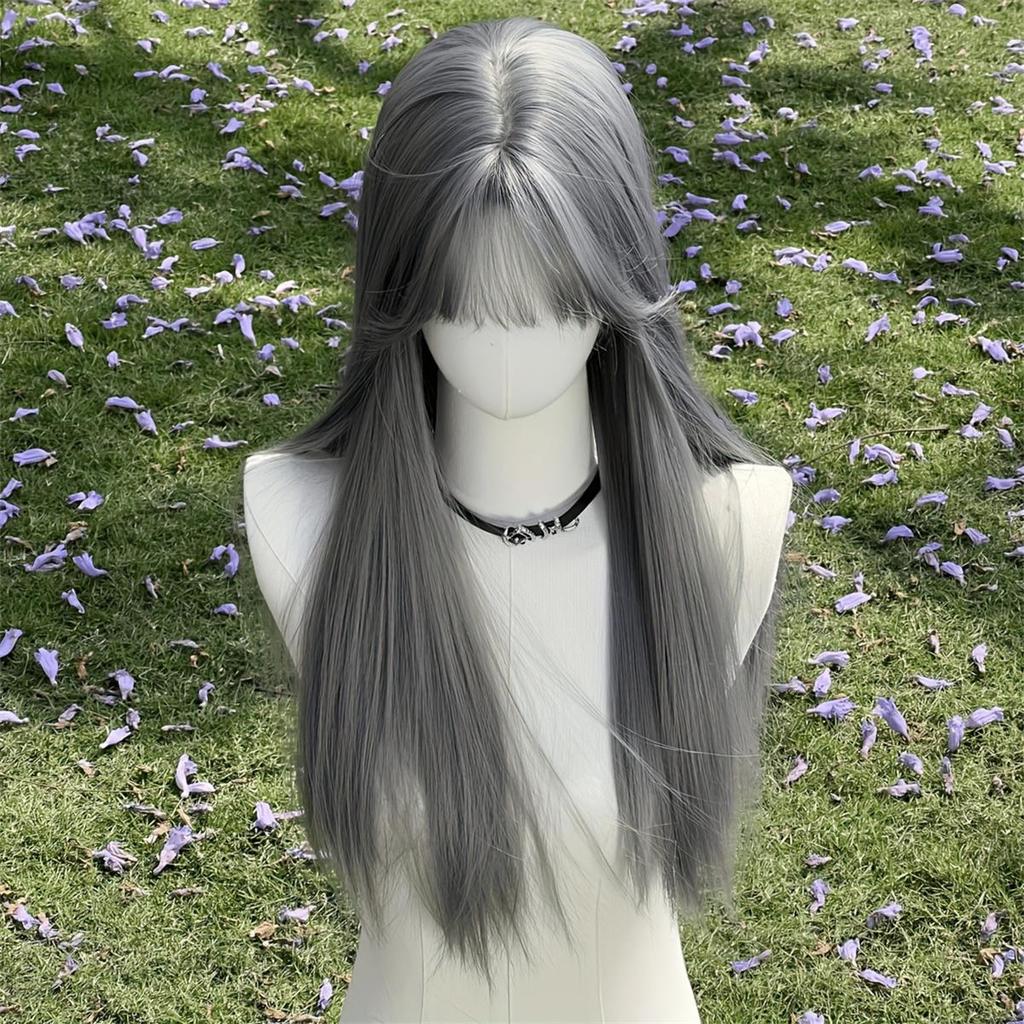 New Silver Gray Long Straight Hair Chemical Fiber Synthetic Wig Neat Bangs Matte Long Straight Hair Wig Women's Universal Wig