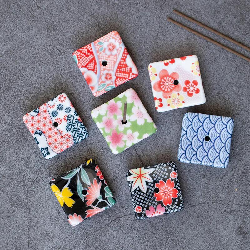 1pc Painted Square Incense Stick Holder Japanese Retro Pattern Incense Base Tea Ceremony Accessories Home Decoration