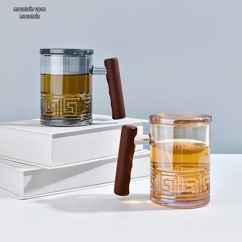 Auspicious Pattern Borosilicate Glass Mug with Wooden Handle and Lid