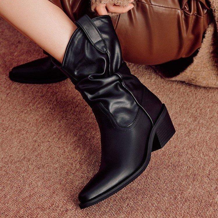 

Сапоги женские, до середины голени, рыцарские сапоги, остроконечные, на толстом высоком каблуке, короткие сапоги, узкие, многослойные сапоги, модные и удобные для женщин 38 чёрный