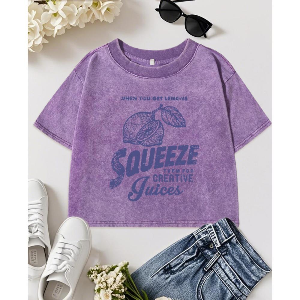 Creative Squeeze Lemon Juices Prints Washed Slim T Shirt Women Y2K Crewneck Short Sleeve Crop Cotton T-Shirt Clothes