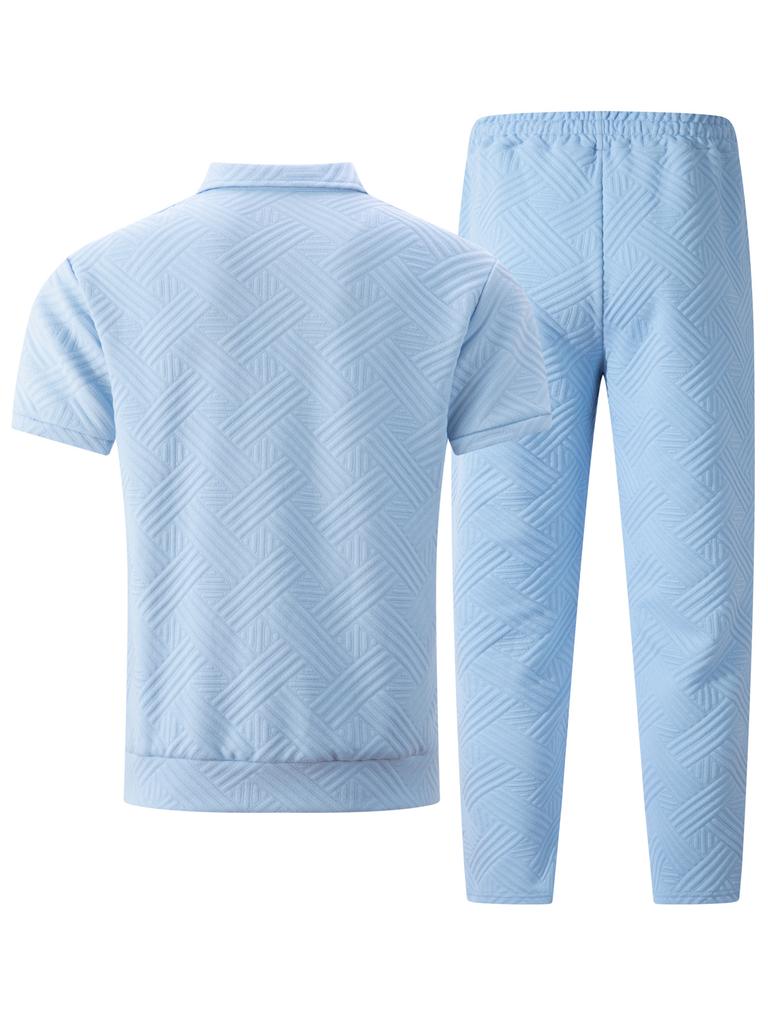 Men's Geometric Print Short Sleeve Jacket and Pants Set with White T-Shirt, Casual Streetwear Outfit