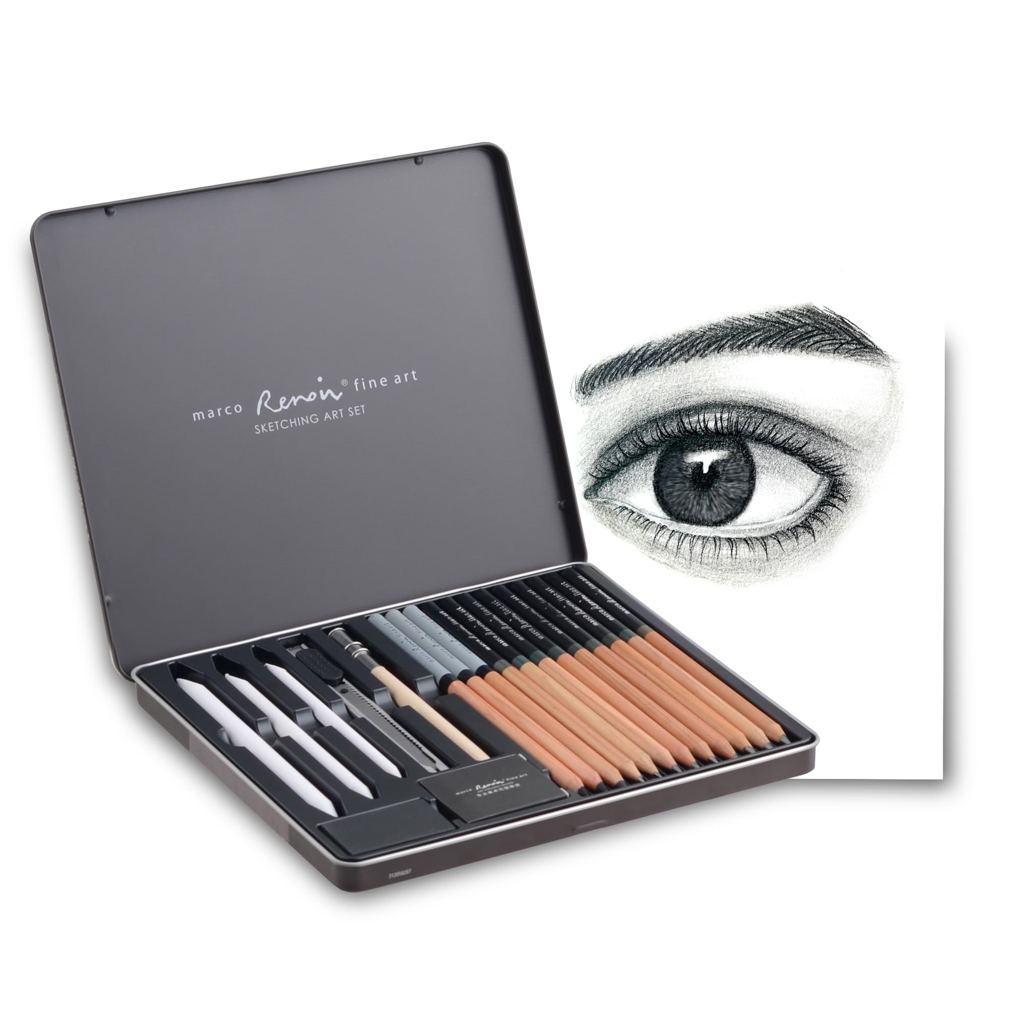 

MARCO Sketching Pencil 19 Model 3001 Art Painting Kit with Iron Box Storage 9 Drawing Pencils 3 Charcoal 1 Paper 1 Plastic 1 Regular 1 Knife with чёрный
