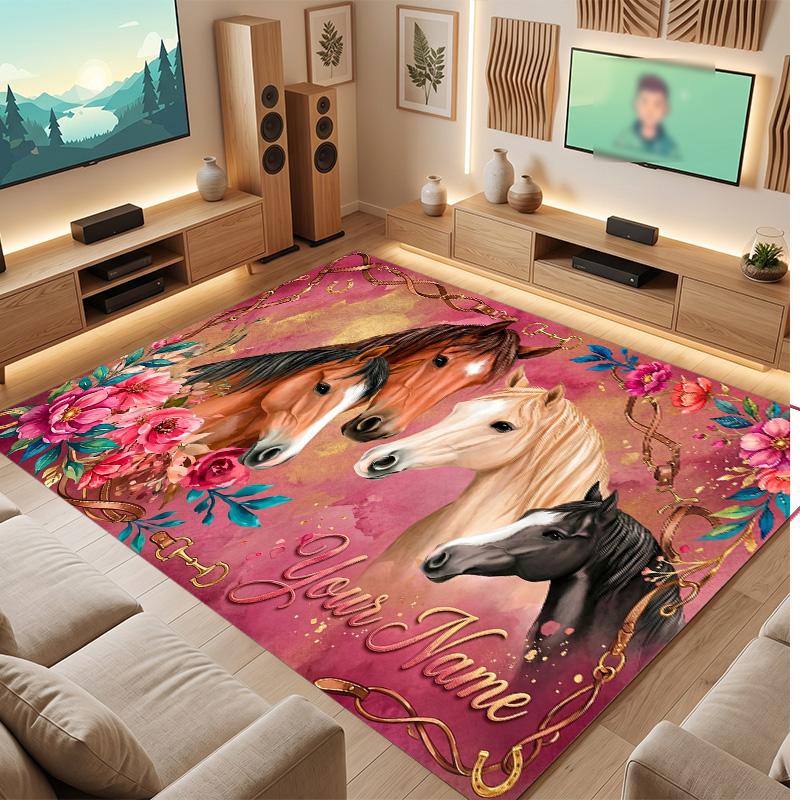 Horse Theme Soft Crystal Velvet Rug Custom Name & Text Print Non Slip Floor Rug for Bedroom Living Room