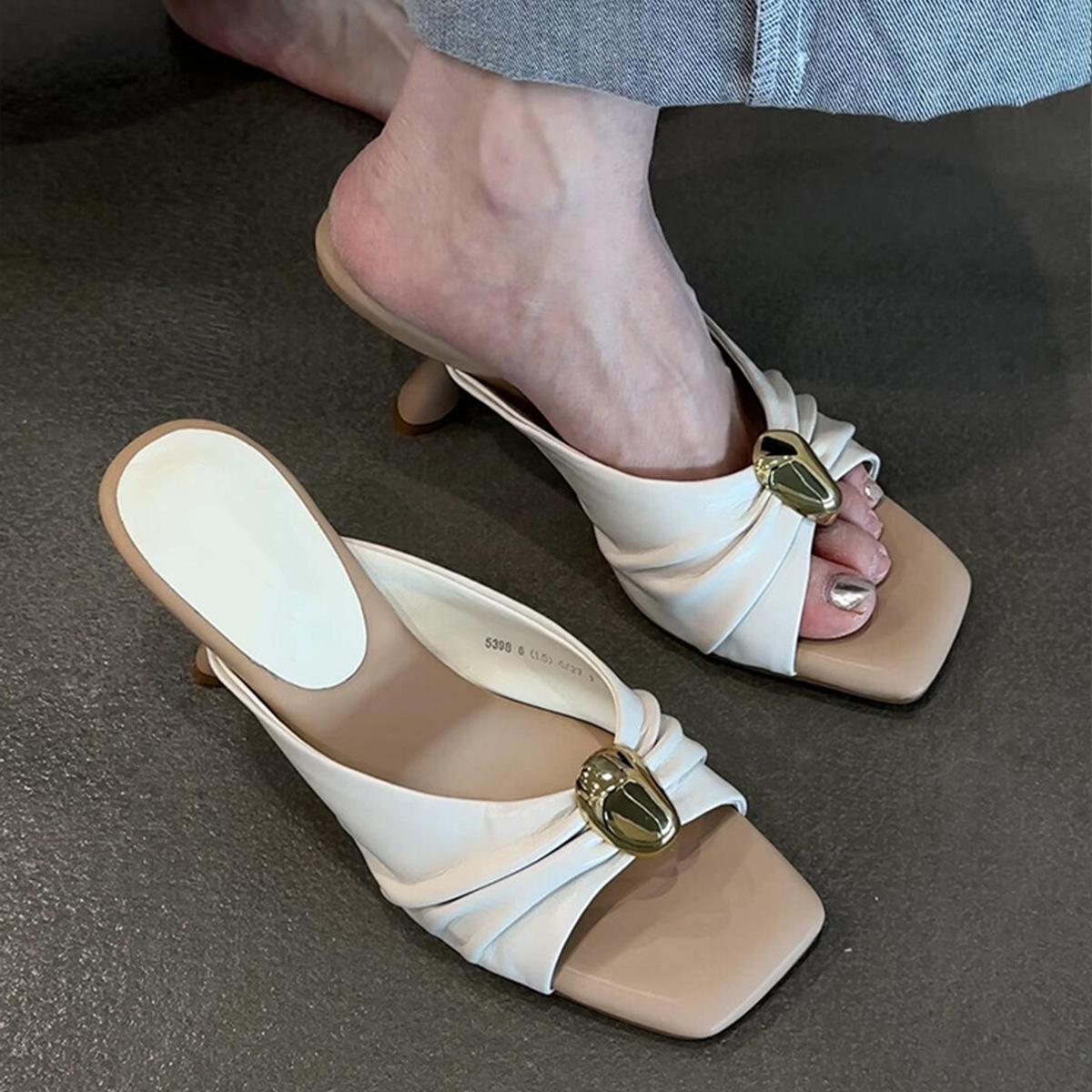 

Sheepskin French fairy wind metal buckle pleated leather open-toed high-heeled slippers women s summer wear cool slippers 35