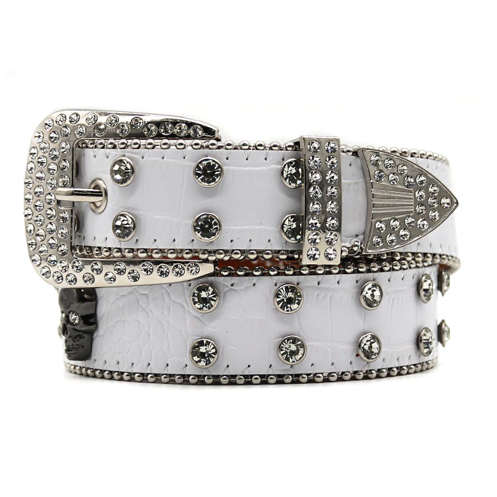 White PU Belt Inlaid With Full Diamond Skull Accessories Punk Fashion Trend Women's Loose Belt Diamond Belt
