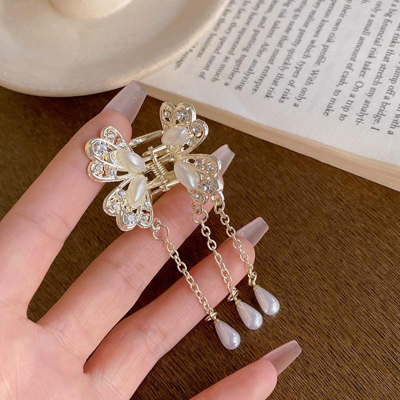 Pearl bow tassel hairpin female summer shark clip Internet celebrity same super fairy grab clip headdress