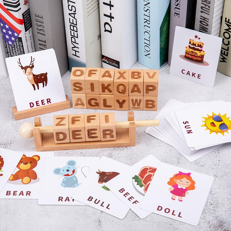 New Wooden Toy Learning Cognitive Game Spelling Words English Number Card Cube Building Block Toys Gifts For