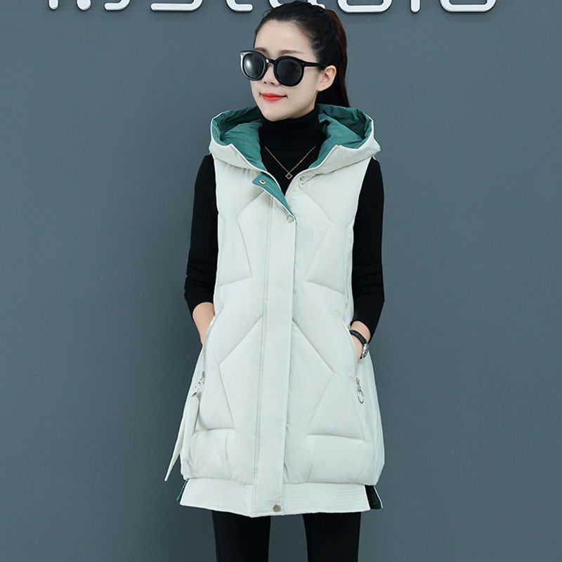 Autumn and Winter Women's Solid Color Hooded Warm and Windproof Mid-length Women's Sleeveless Jacket 9 Colors