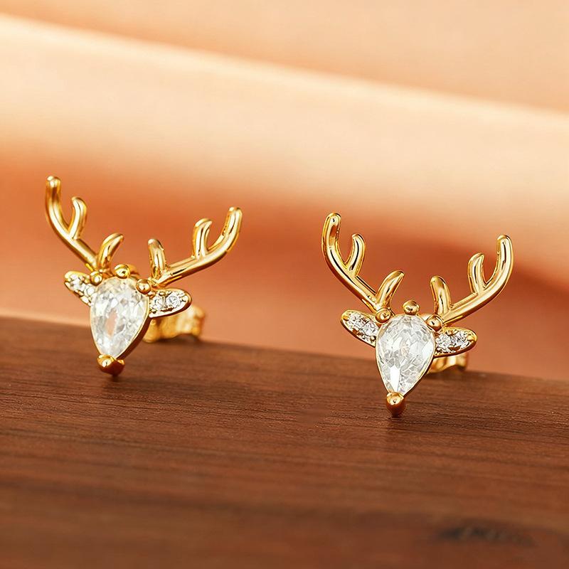 Exquisite Christmas Elk Stud Earrings Douyin New Christmas Wind Antlers, Slightly Inlaid With Water Droplets Zircon Earrings