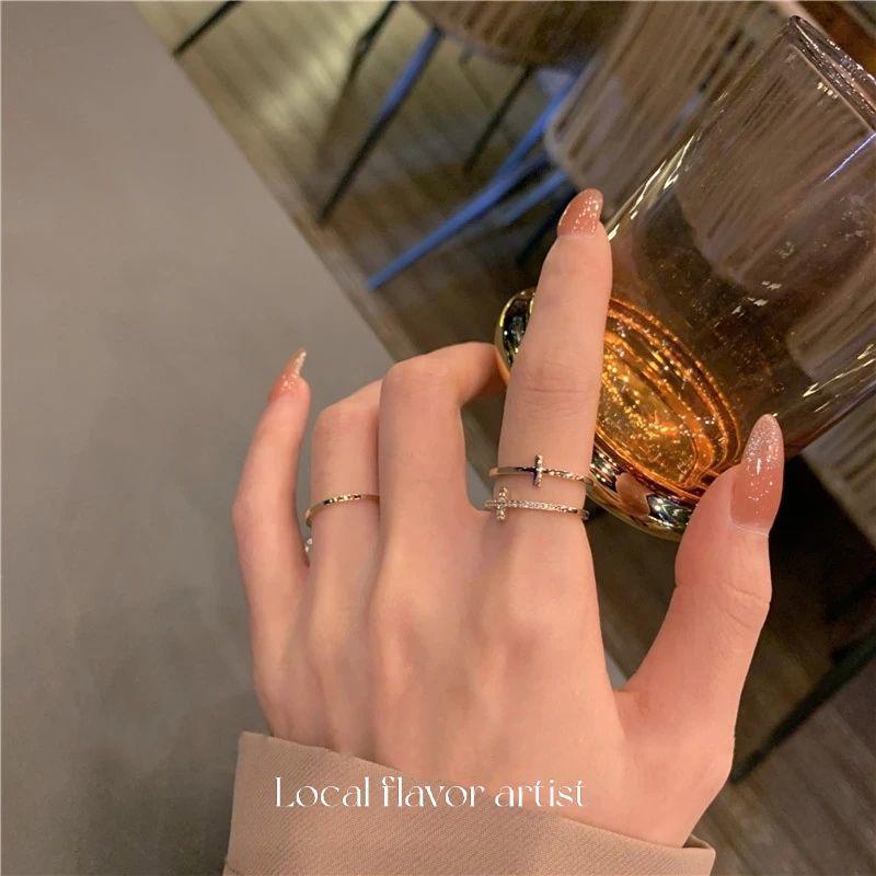 Elegant Double-Layer Zircon Cross Ring - Minimalist Open Design for Women