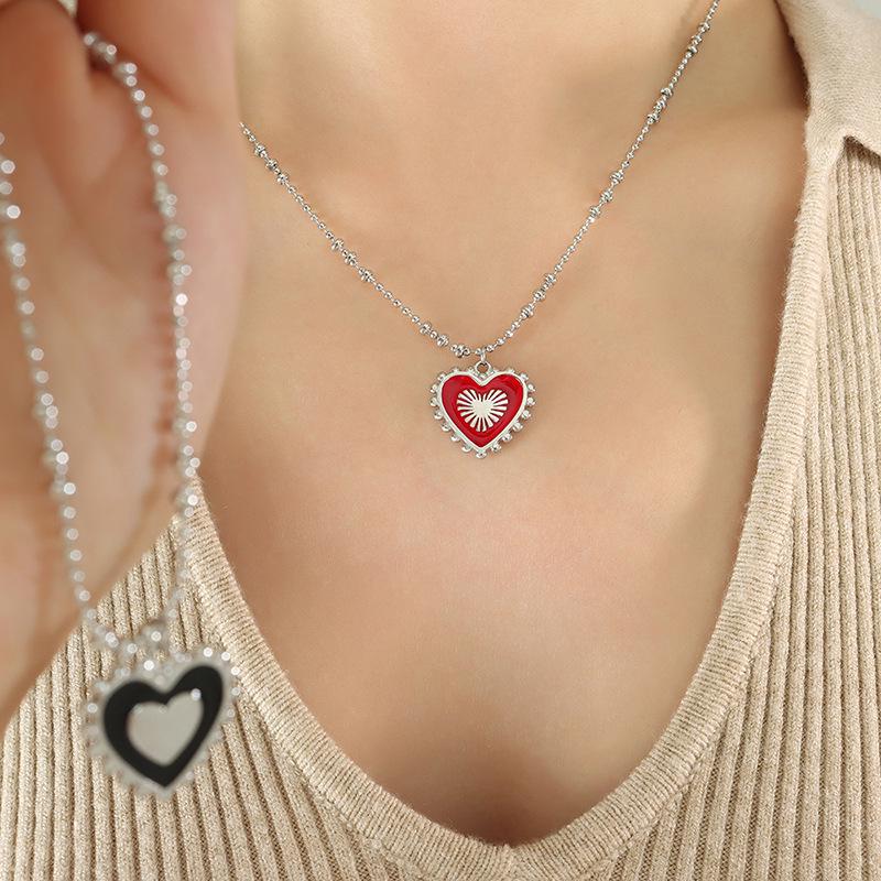 Double-sided Red and Black Heart Pendant Necklace in Titanium Steel