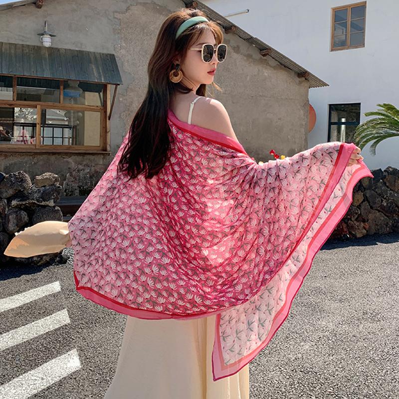 Summer Women Silk Scarf Beach Long Wrap Shawl Vintage Sweet Floral Lady Sunscreen Boho Bandana Hijab Mujer Scarve Pareo Foulard
