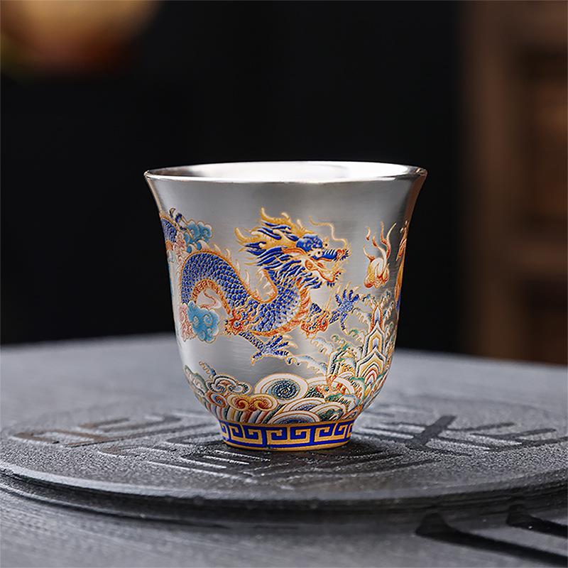 Luxury Dragon & Phoenix Silver-Plated Tea Set: One Pot, Two Cups, Dragon Egg Infuser, Gift Box Included Silver Set