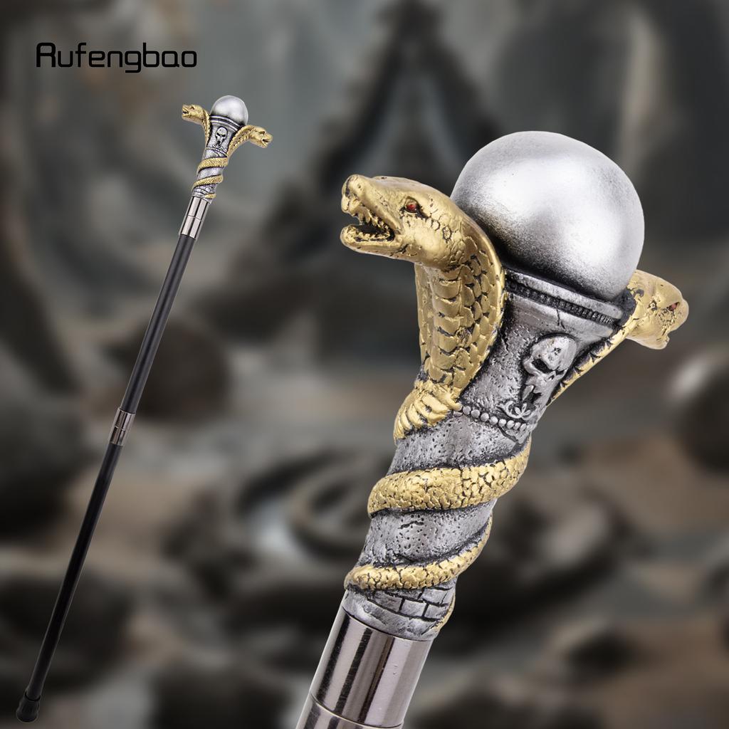 Golden Resin Double Snake Head Cobra Walking Cane Fashion Decorative Steel Stick Gentleman Elegant Cosplay Cane Crosier 94cm