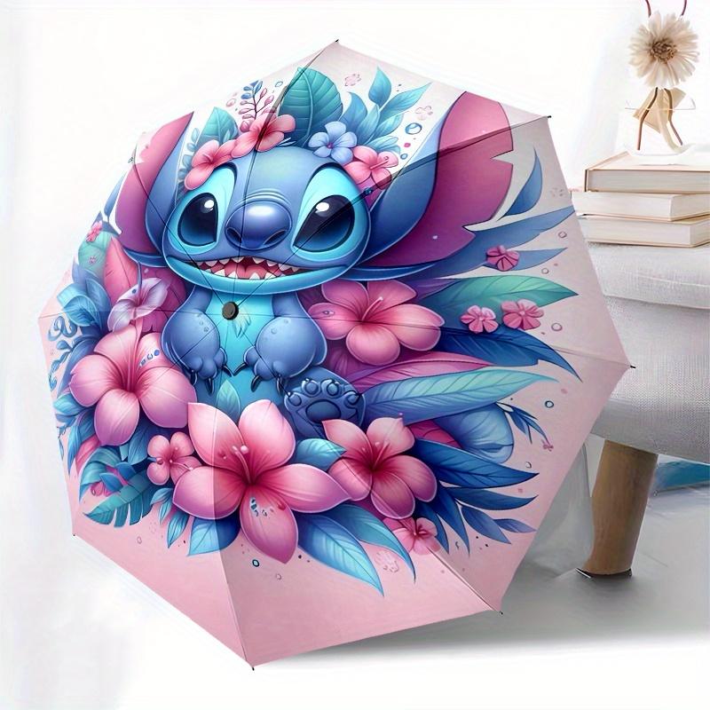 Stitch, Blumen Automatisches Öffnen und Schließen Regenschirm 8 Rippen Winddicht Tragbarer Faltregenschirm, Geeignet für Freizeit- und Geschäftsreisen, für Gi