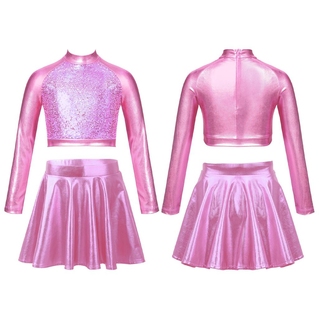 Kids Girls Glossy Metallic Dance Outfit Long Sleeve Sequin Crop Top Skating Short Skirt Suit for Figure Skating