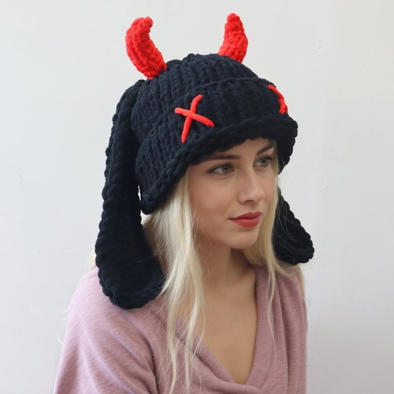 Funny Devil Horns And Rabbit Ears Soft Hat For Christmas Halloween Cosplay Costume Party