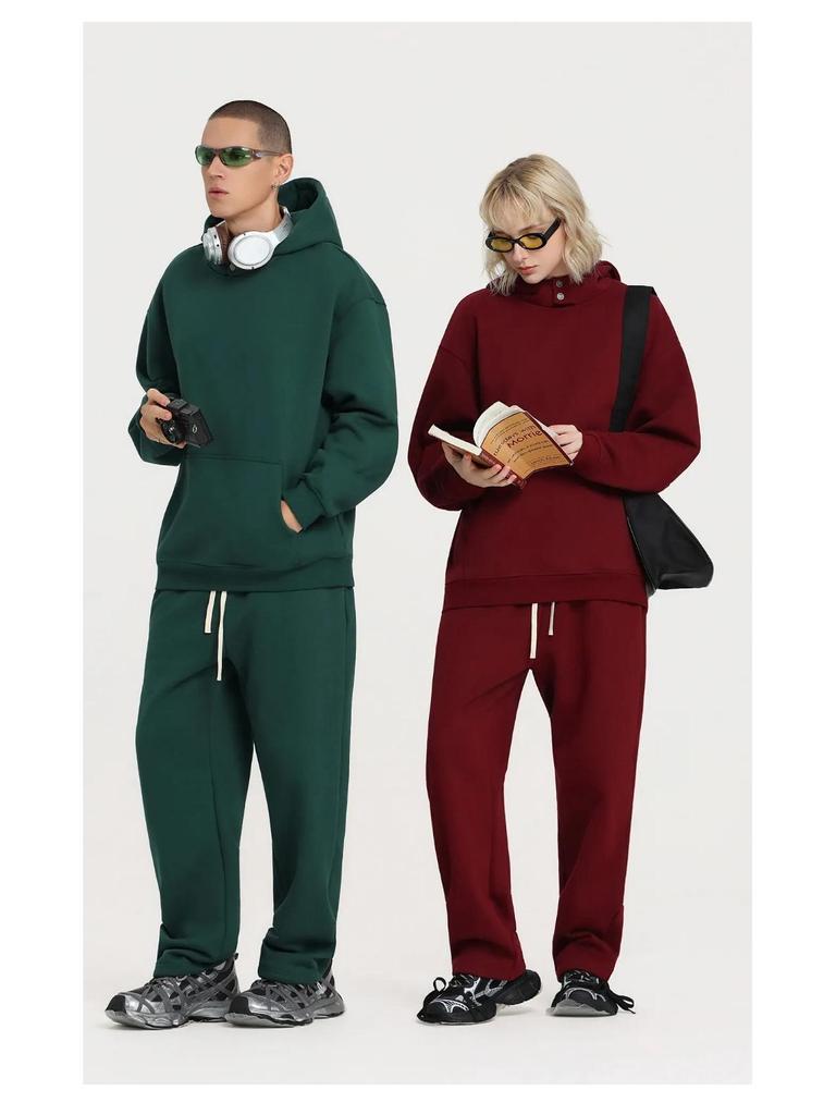 2025 Autumn/Winter Fleece-Lined Hooded Sweatshirt & Pants Set – Men's Trendy European/American Basic, Solid Color, 510g.
