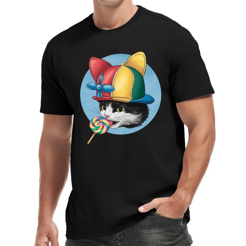 

European Size Men S Short-Sleeve T-Shirt with a Cat Head And Propeller Design for Summer. 4XL чорний
