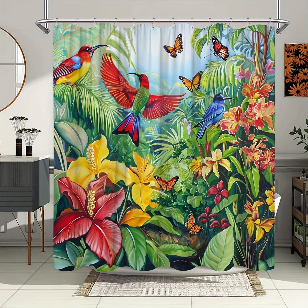 

Vibrant Tropical Paradise Bath Curtain -Colorful Birds &Exotic Flowers; Waterproof Home Decor Adds Jungle Charm to Your Bathroom W90XH180cm