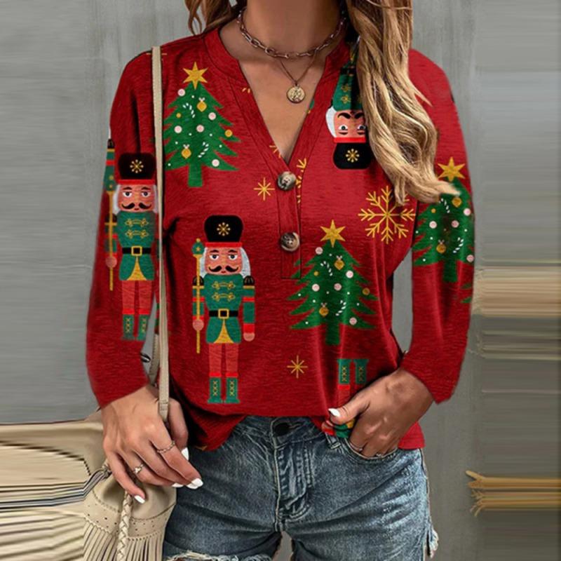 Women's Christmas Tree Printed V-neck Long Sleeved Sweatshirt Xmas Top
