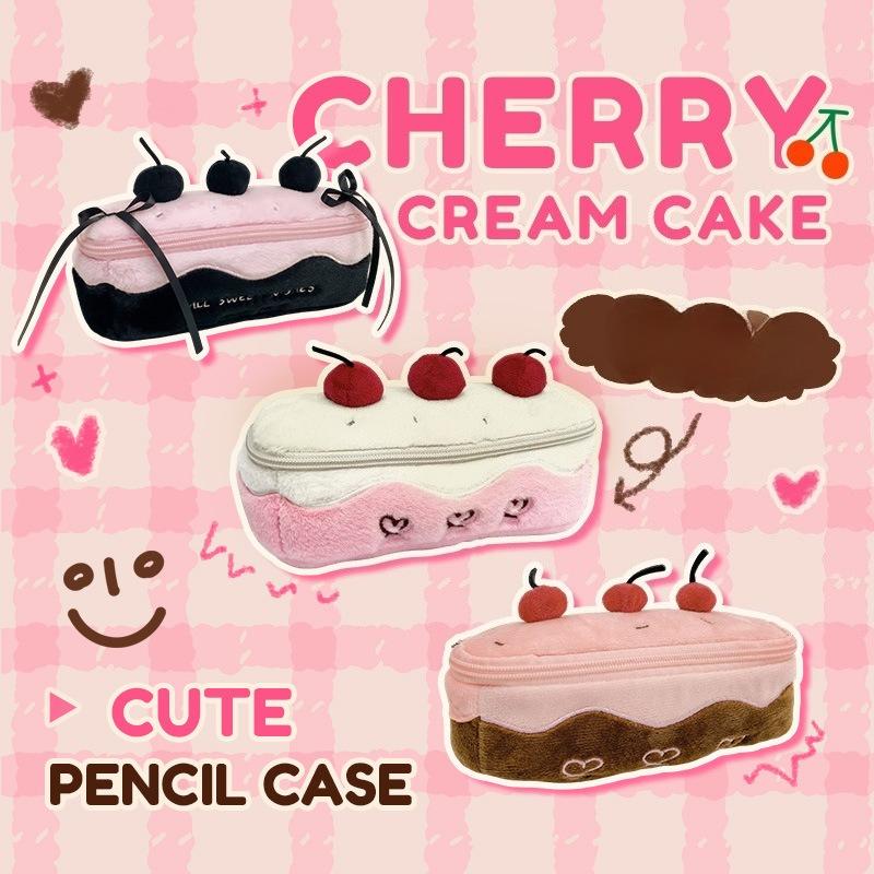 1 Piece Kawaii Schoolgirl Pencil Case Cute Cherry Cake Dessert Stationery Organizer Bag Portable Large Capacity Furry Pen Holder